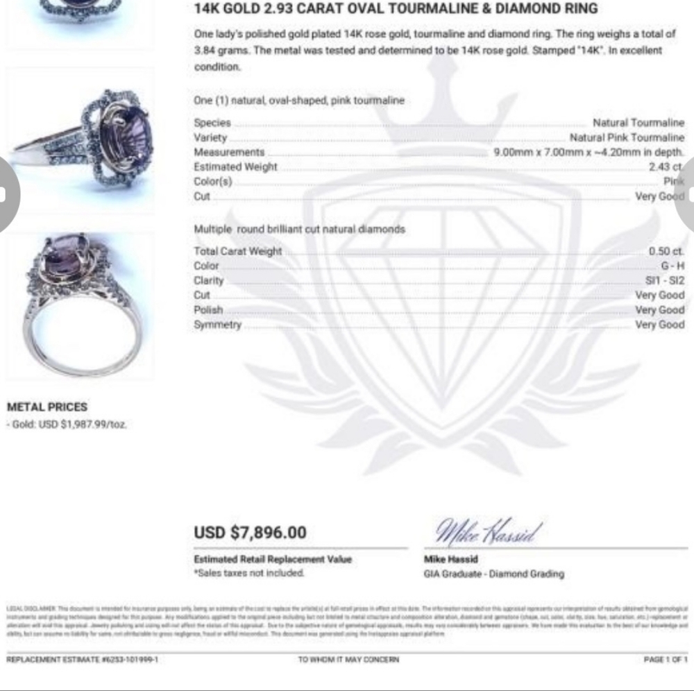 October birthstone!! 14k gold 2.93 carat oval pink tourmaline and diamond ring - Picture 7 of 7